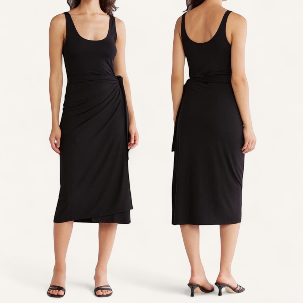 NWT Vince Black Modal Blend Layered Wrap Midi Dress Size S Minimalist Monochrome